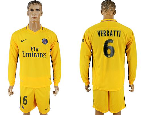 Paris Saint-Germain #6 Verratti Away Long Sleeves Soccer Club Jersey - Click Image to Close